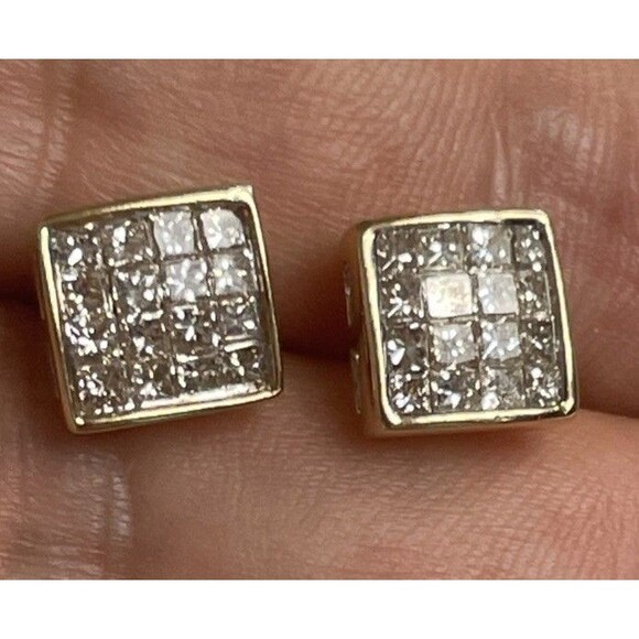 14K Yellow Gold Princess Cut Diamond Studs 8.3mm Mini Square Earrings READ